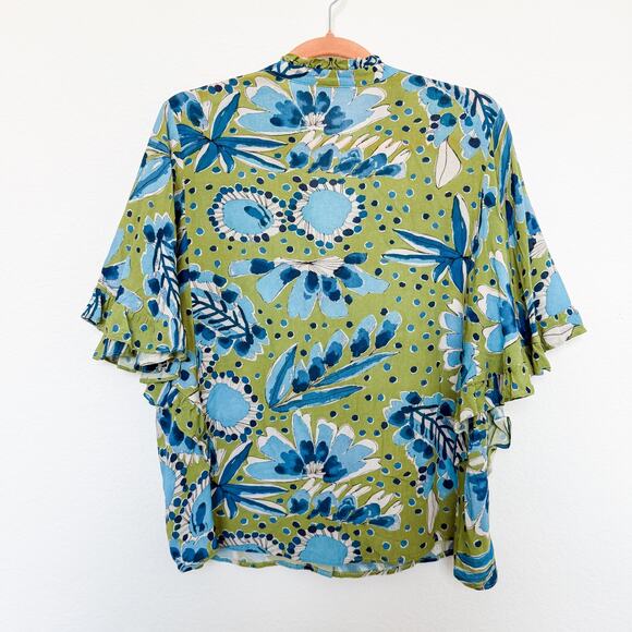 Anthropologie Floral Print Button Down Blouse Green Blue Size S Boho Resort - Picture 7 of 7